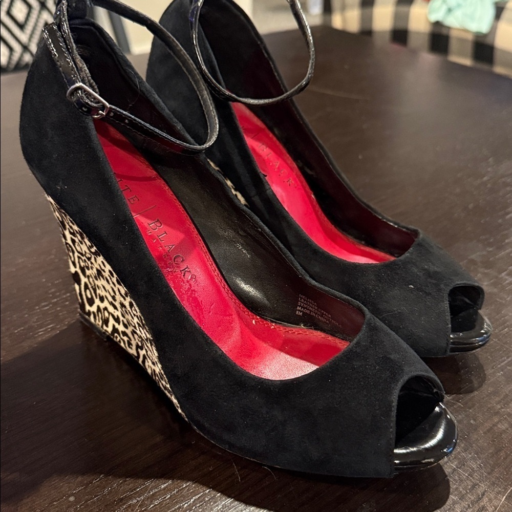 Black Peep-Toe Wedge Heels with Leopard Print whbm sz 8 White House market - Picture 5 of 6